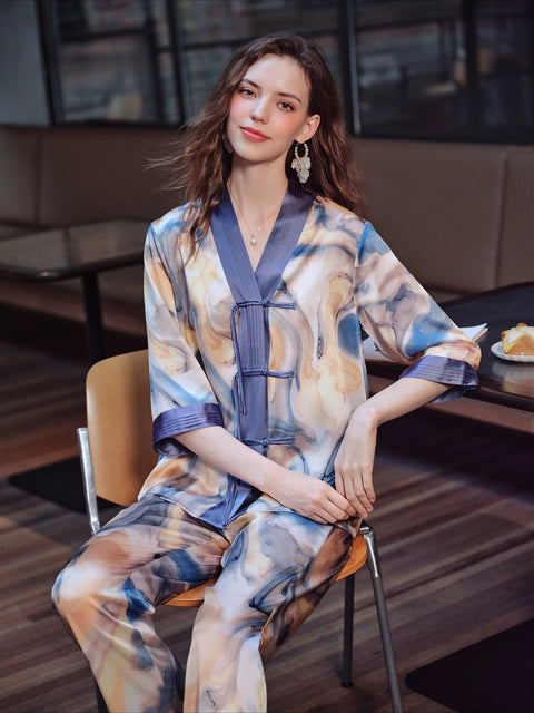 Women's 100% Mulberry Silk Pajama Set Chinese Style Traditional Knot Loungewear, Marble Print 3/4 Sleeve Top & Long Pants Sleepwear, Luxury Satin PJs for Ladies