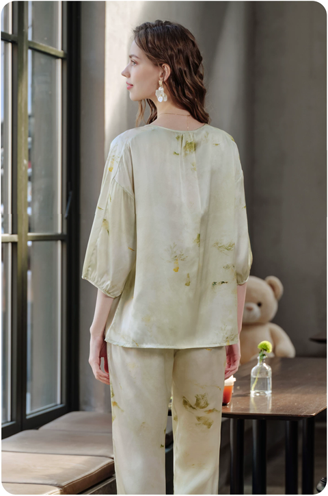 Women's 100% Mulberry Silk 3/4 Sleeve Pajama Set, Chinese Ink Print Summer Luxury Loungewear Sleepwear Model