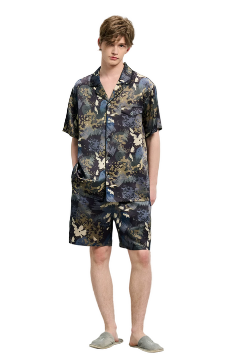 Men's 100% Mulberry Silk Pajama Set, Navy Floral Print with Pocket & Shorts