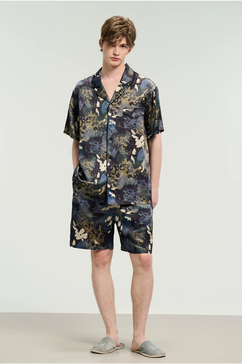 Men's 100% Mulberry Silk Pajama Set, Navy Floral Print with Pocket & Shorts Main