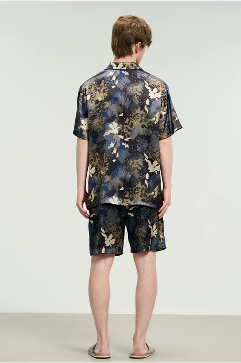 Men's 100% Mulberry Silk Pajama Set, Navy Floral Print with Pocket & Shorts Model