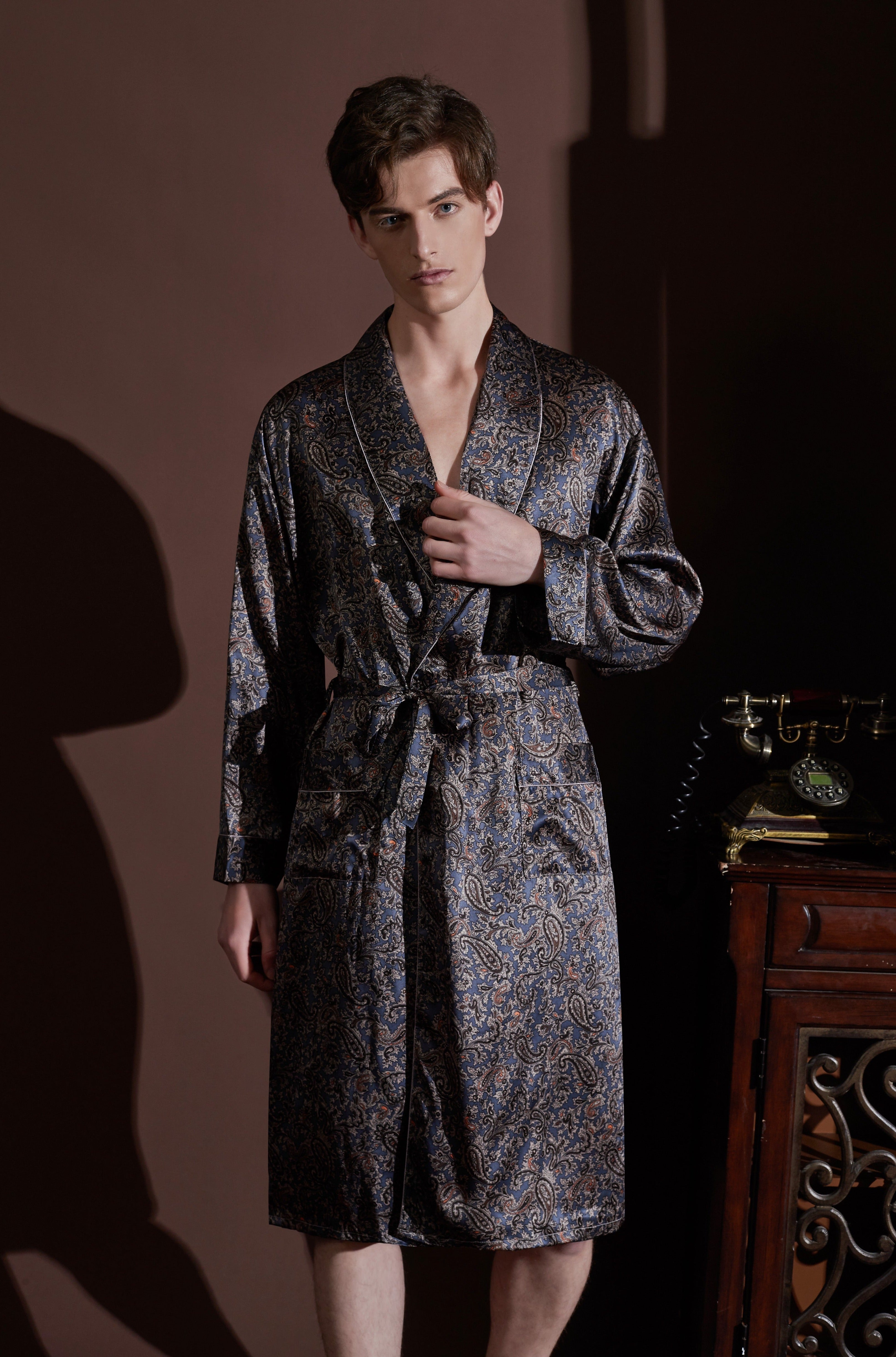 100 Mulberry Silk Long Robe Mens Paisley Bathrobe, Mens Silk Robe