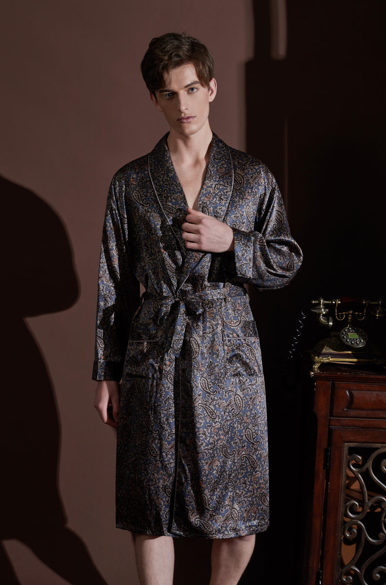 100% Mulberry Silk Long Robe Mens Paisley Bathrobe, Mens Silk Robe ...