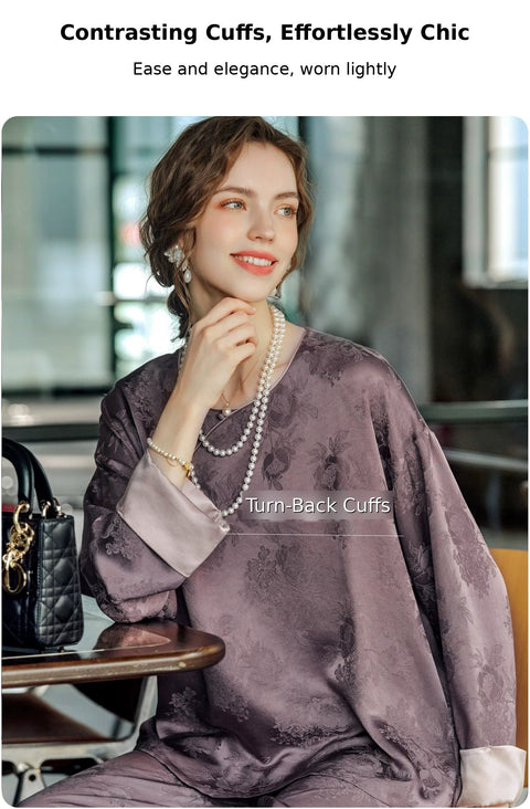 Contrasting turn-back cuffs - Chicory Coffee silk pajama set