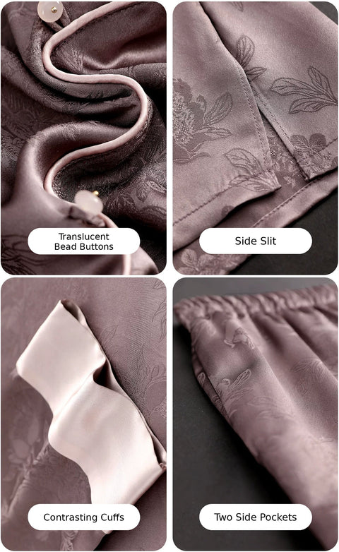 Chicory Coffee silk pajama set details: bead buttons, side slit, contrasting cuffs, side pockets