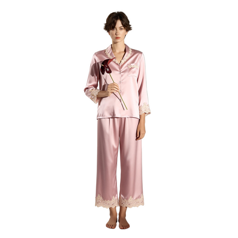 Women's Silk Pajama Set with Delicate Trim, 100% Mulberry Silk Long Sleeve Loungewear