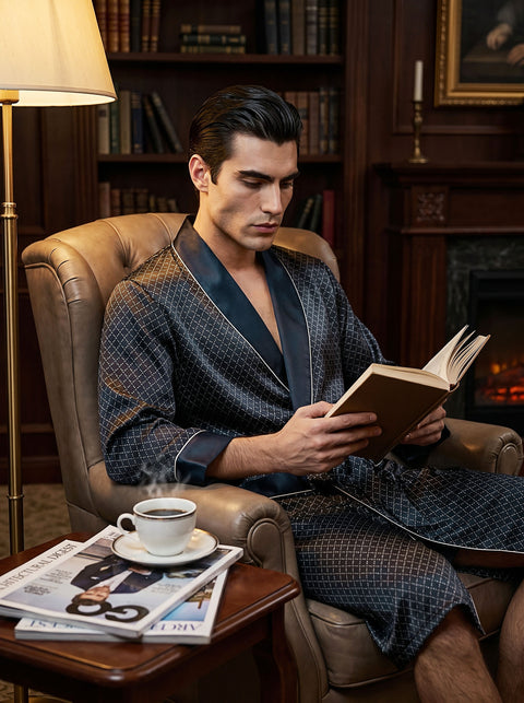Men's 19 Momme 100% Mulberry Silk Robe, Long Shawl Collar Diamond Print Luxury Loungewear Bathrobe Model