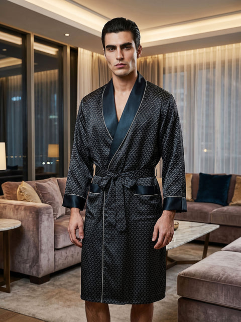 Men's 19 Momme 100% Mulberry Silk Robe, Long Shawl Collar Diamond Print Luxury Loungewear Bathrobe Model