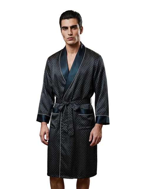 Men's 19 Momme 100% Mulberry Silk Robe, Long Shawl Collar Diamond Print Luxury Loungewear Bathrobe