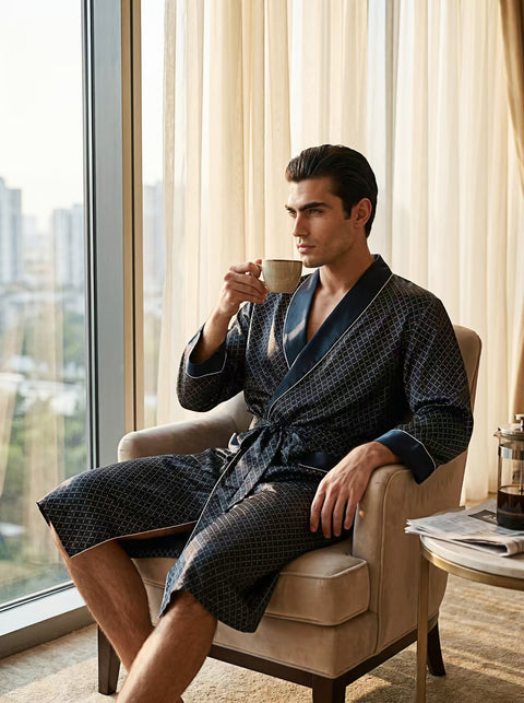 Men's 19 Momme 100% Mulberry Silk Robe, Long Shawl Collar Diamond Print Luxury Loungewear Bathrobe Model