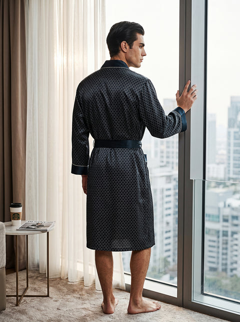 Men's 19 Momme 100% Mulberry Silk Robe, Long Shawl Collar Diamond Print Luxury Loungewear Bathrobe Features