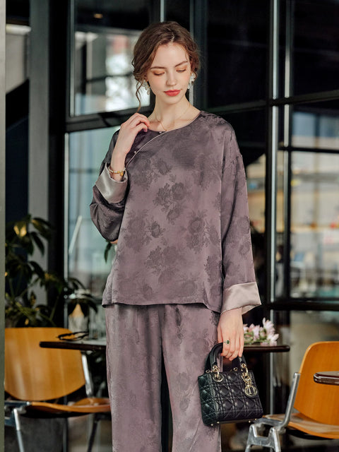 Women's Chicory Coffee 19 momme silk pajama set, front view