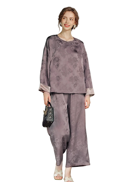 Women's 19 Momme Mulberry Silk Long-Sleeve Pajama Set – Chicory Coffee Floral Jacquard, Fitted Loungewear