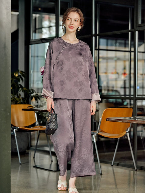 Women's Chicory Coffee 19 momme silk pajama set, standing view