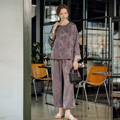 Women's Chicory Coffee 19 momme silk pajama set, full-length view