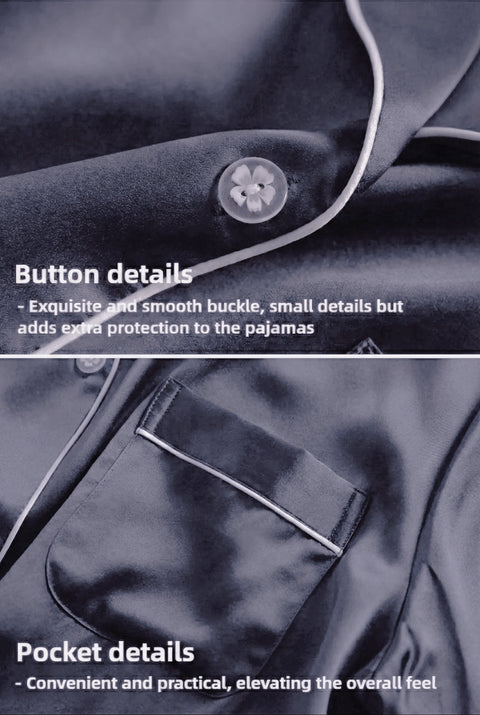 Close-up of a button and pocket on a piece of dark fabric, likely pajamas.